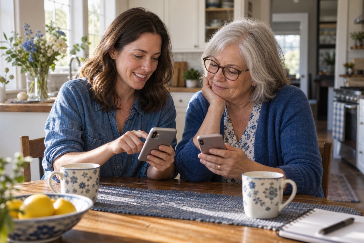 An adult daughter and her mother sit together at a kitchen table, each with a phone.
