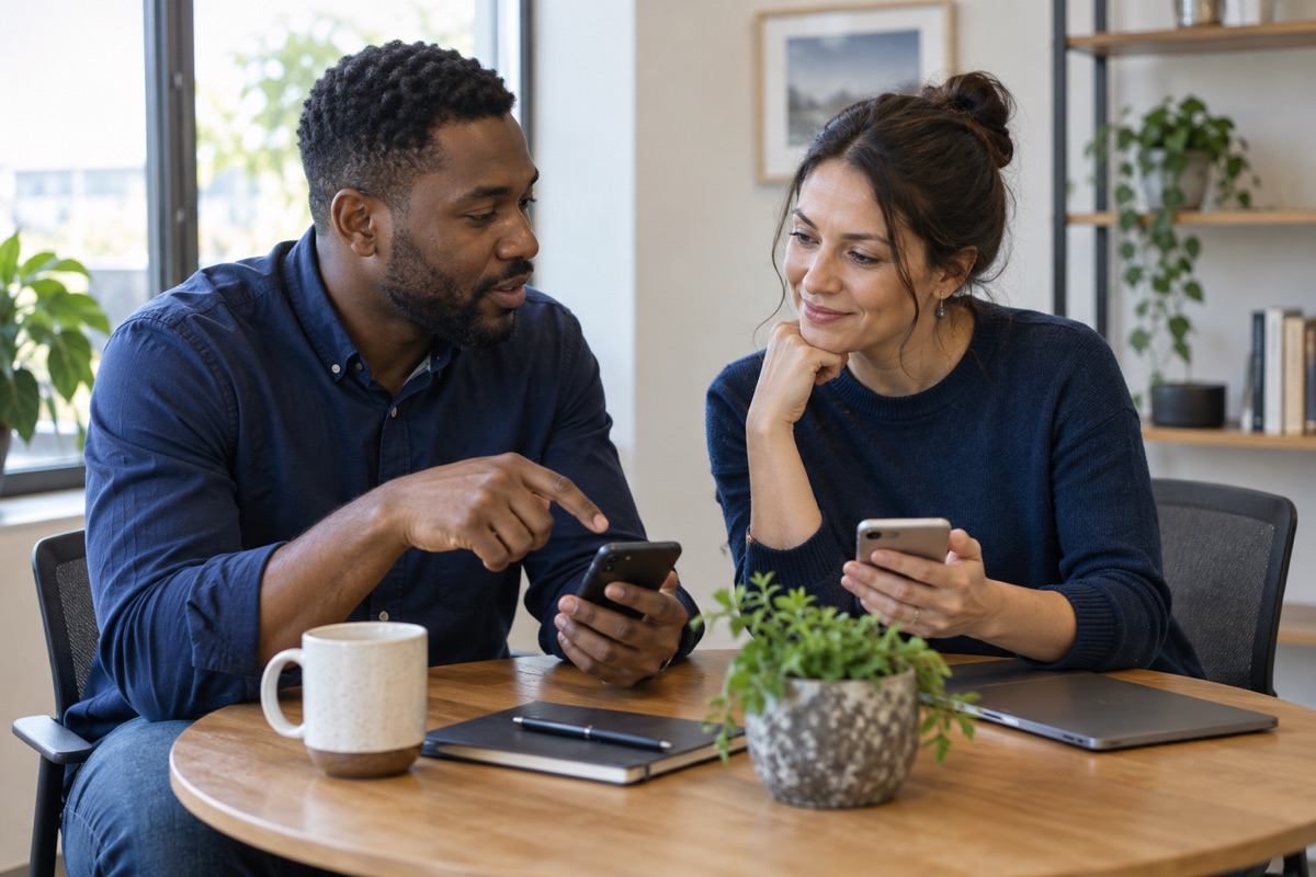 Colleagues working through a phone-based setup together.